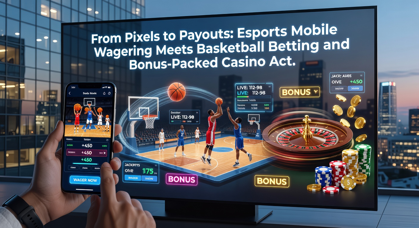 Smartphone mit offener Wett-App, die Esports-Match, Basketball-Live-Score und Casino-Bonus-Angebot zeigt, um die mobile Integration zu illustrieren