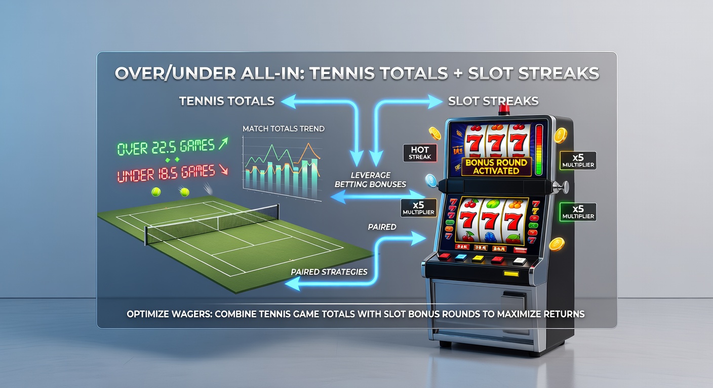 Grafik mit Tennis-Total-Linie über 22,5 Games und Slot-Streak-Diagramm, kombiniert mit Bonus-Symbolen und Wettguthaben-Wachstum