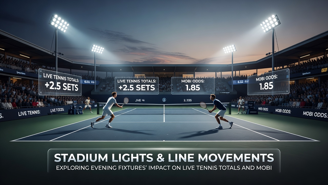 Mobile Casino-App auf einem Smartphone mit Tennis-Wettlinien und Bonusanzeige unter Stadionlichtern
